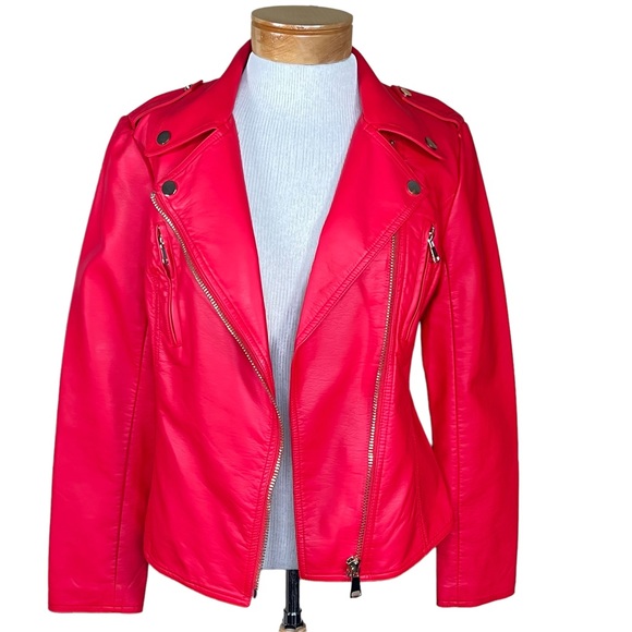 V Cristina Faux Red Leather Moto Jacket With Gold Colored Hardware Small… - Picture 10 of 15